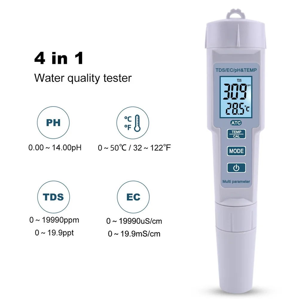 4 en 1 TDS EC PH Temp Meter LCD Digital Qualité de l'eau Moniteur Testeur Pureté Stylo
