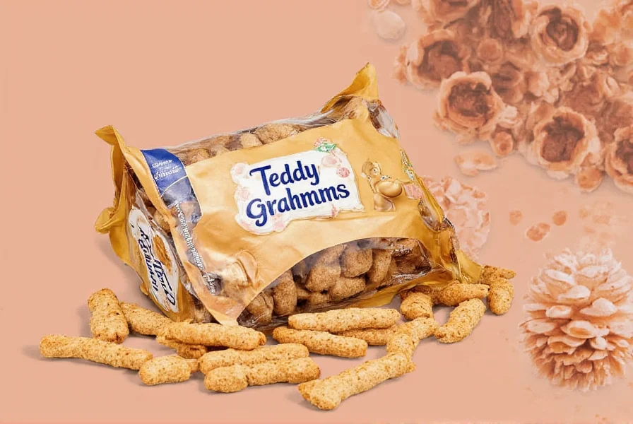 Close-up photography of cinnamon teddy grahams arranged in a circular pattern on a wooden table with cinnamon sticks and whole wheat flour