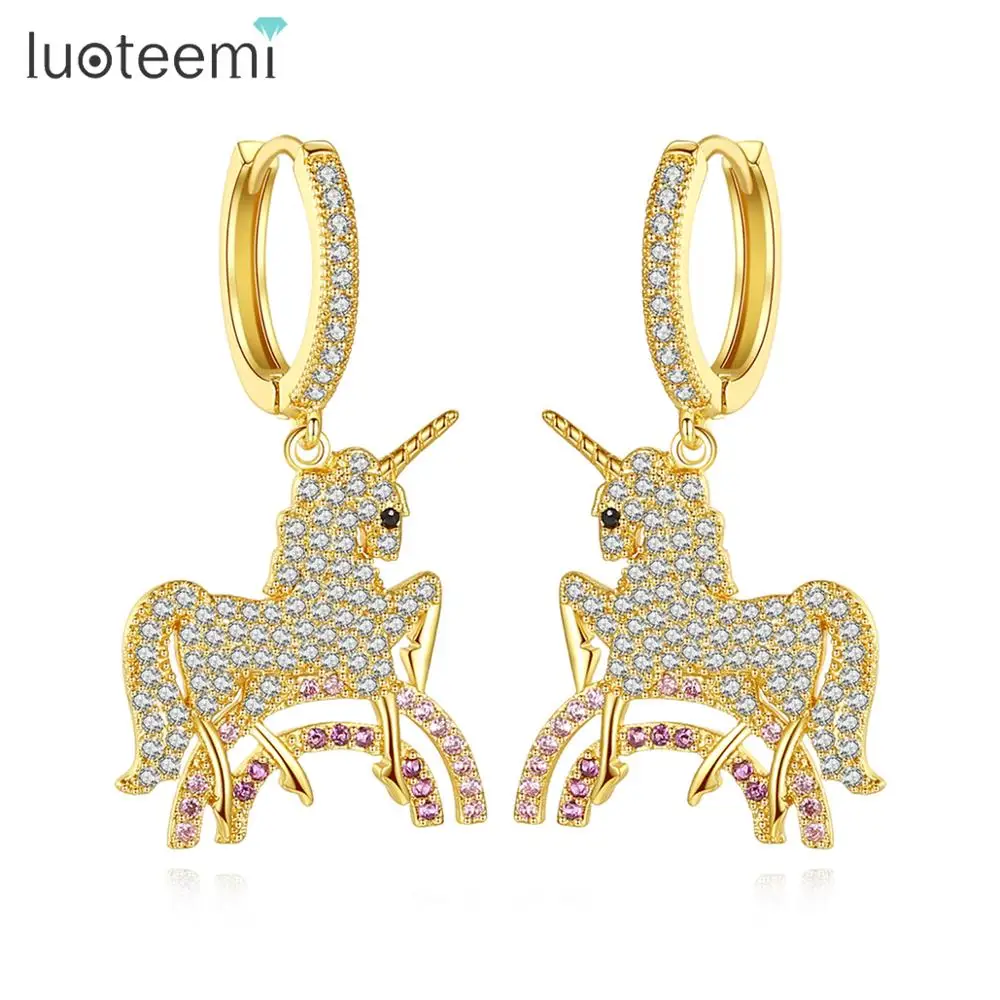 

LUOTEEMI Zirconia Unicorn Gold Horse Design Earrings Lovely Cartoon Fashion Earring for Girls