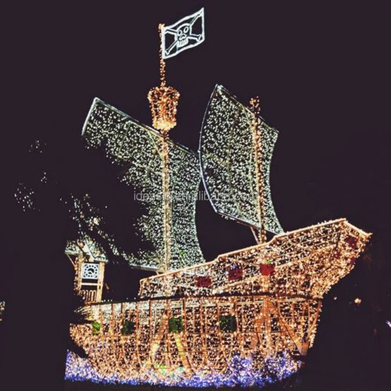 Outdoor Giant 3d Led Wireframe Sailing Boat Sculpture Decoration For