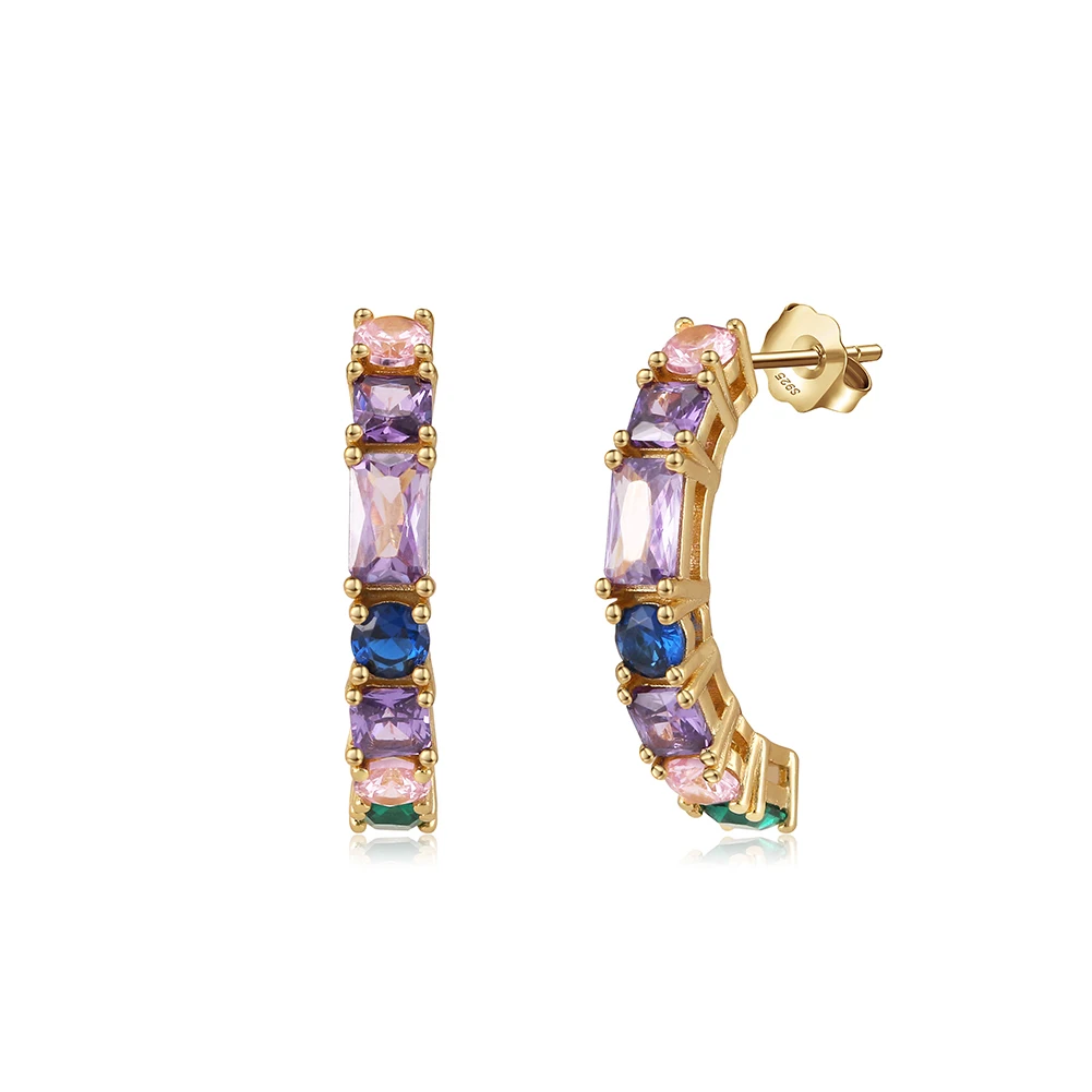 EQE114 RINNTIN 14k Gold Multi Multi-Colors Cubic Zirconia Half Hoop Earrings in 925 Sterling Silver