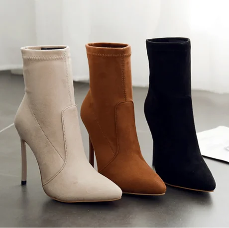 

Winter fashion all-match suede high-heeled ladies short boots stovepipe socks boots In women's boots, Black,brown,beige