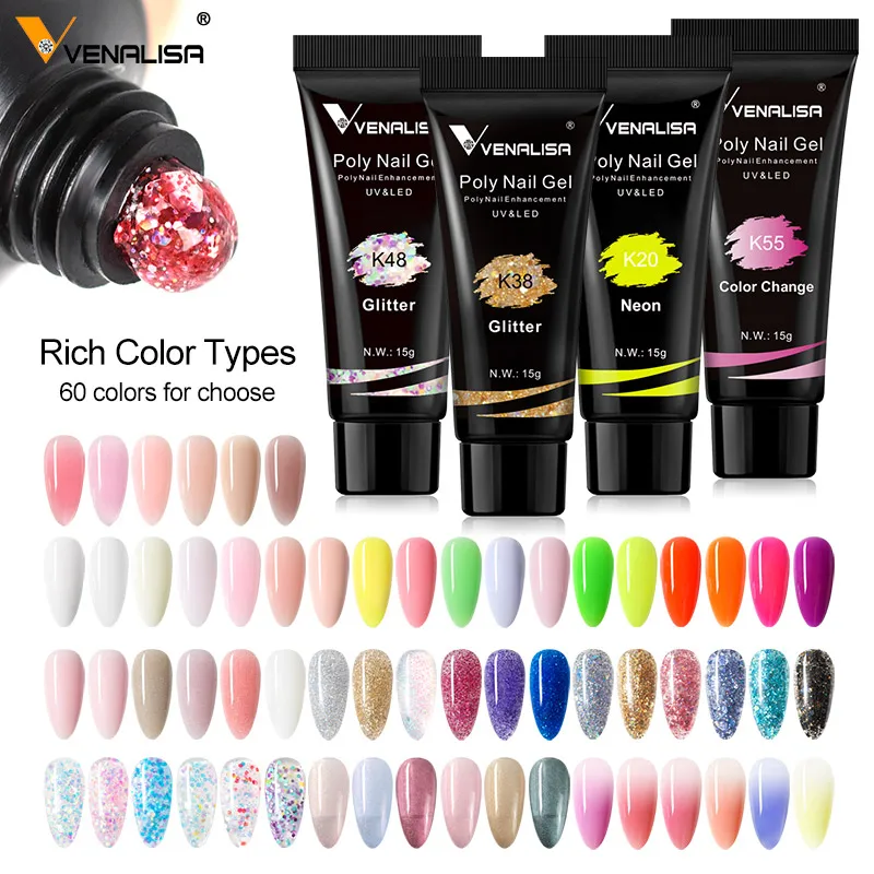 

2021 New 15g Glitter Buiding Nail Color Change Crystal Extend Poly 60 Colors Jelly Gel Polish UV&LED NEON VENALISA