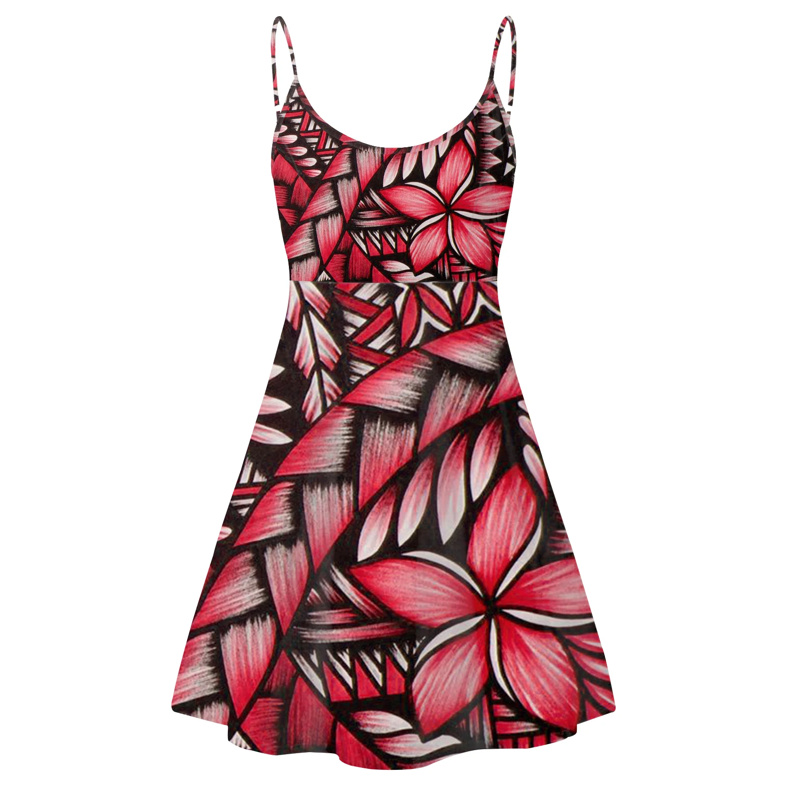 

Samoa Tribals Flower Special Pattern Spaghetti Strap Boho Floral Dresses O Neck Summer Mini Dress Fashion Casual Dress for Women, Customized color