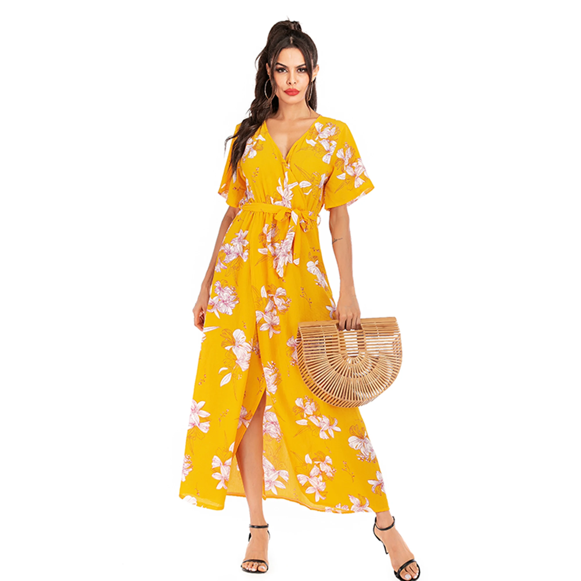 

2021 Short Sleeve Women's Summer V-neck Slim Ladies French Split Seaside Holiday Beach Floral Dress Women Clothing, Customized color