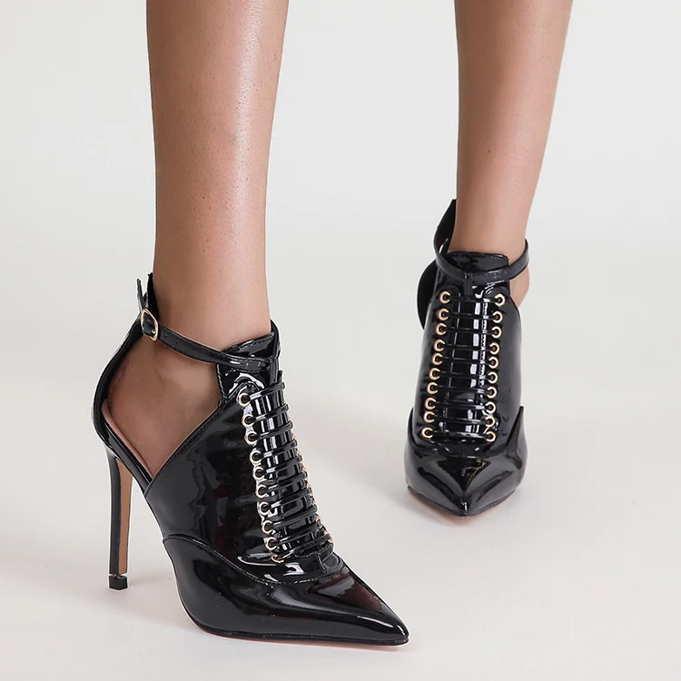 

Fashion Pointed Toe Women High Heel Shoes Rubber Sole Buckle Strap Hollow Out Sandals, Black