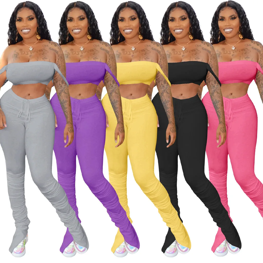 

2021 Custom Wholesale New Women Casual Solid Tank Tops And Flared Pants Legging 2 Piece Set