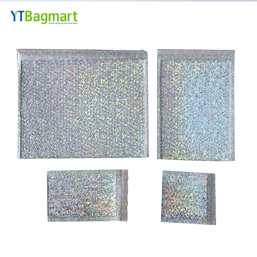 
Custom Logo Printing Small Holographic Shipping Mailing Bags Decorative Rainbow Metallic Foil Holographic Bubble Mailers 