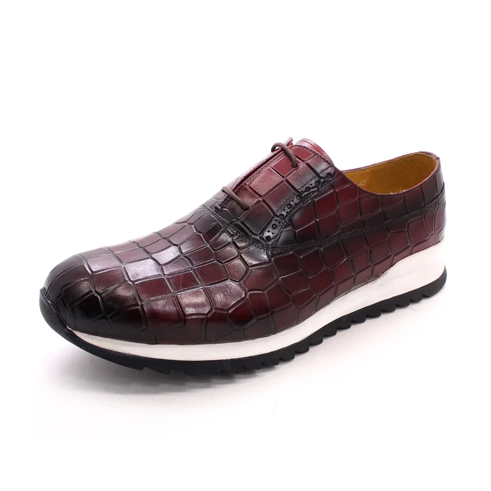 

Hot sale crocodile pattern lace-up handmade men's casual leather shoes Genuine leather Sports shoes Walking Shoes, Red