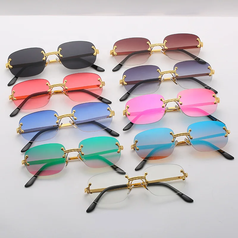 

Ready to ship retro mirror rimless sunglasses 2021 metal sunglasses fashion rectangle womens shades small sunglasses