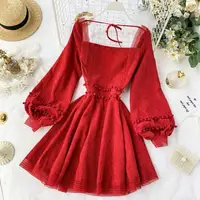 

Autumn Long Puff Sleeves Sweet Lolita Dress Red France Vintage Charm Dresses