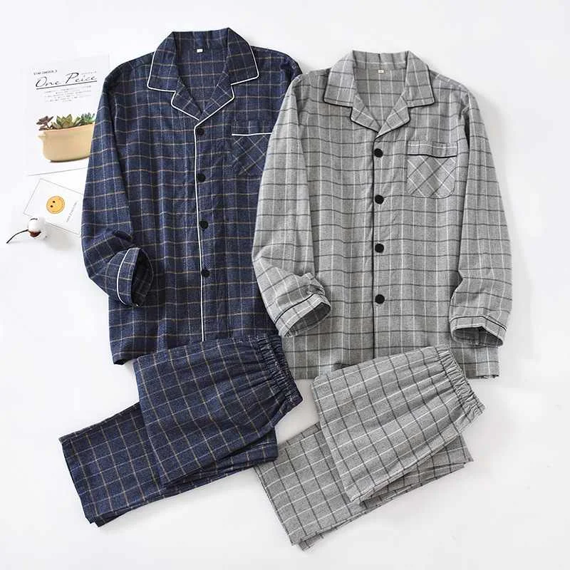 

New spring and autumn men's plaid sleepwear, cotton flannel home service large size long-sleeved trousers soft suit sleep wear m, Required