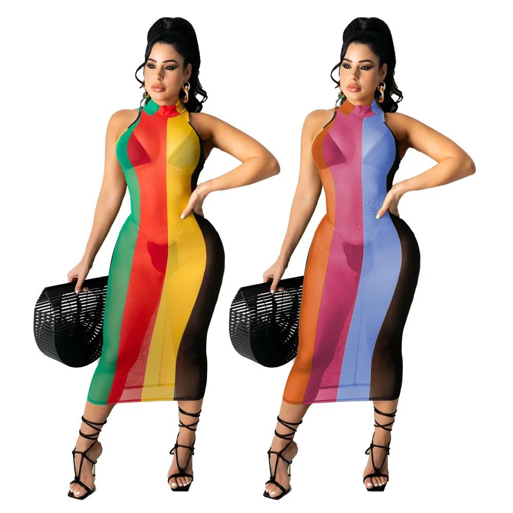 

T3352 - fashion sexy mesh sleeveless printed patchwork midi women dress
