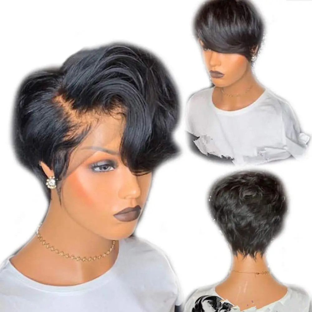 

Short Human Hair Wigs Pixie Cut Wigs with Bangs Machine Made Short Wigs for Women Brazilian Human Hair 1# Color