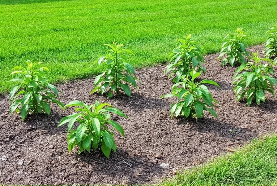 Properly spaced pepper plants in garden bed showing 18-24 inch spacing between plants