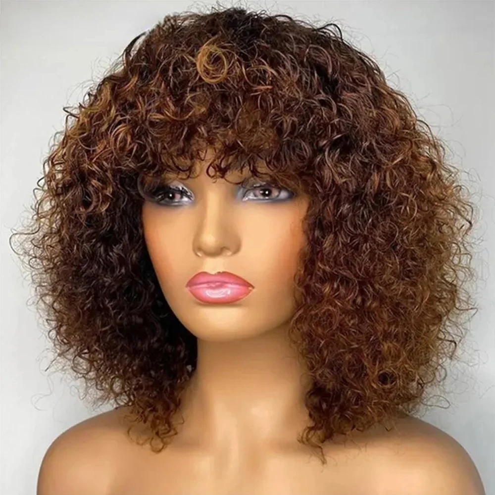 Cheap Human Hair Wig SupplierNo Lace Luxury Curly Hair Human Hair WigSuper Double Drawn Luxury Curly Wig Bob With Bang