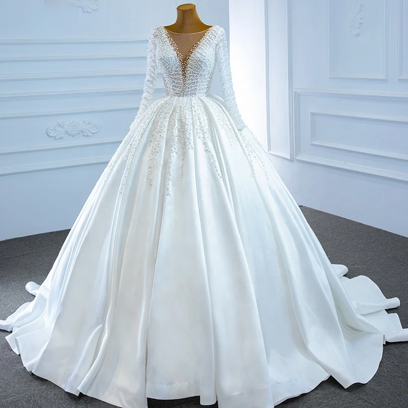 

Custom Made Sexy Deep V Handmade Beaded Wedding Gown Long Sleeve Princess Satin Bridal Dress