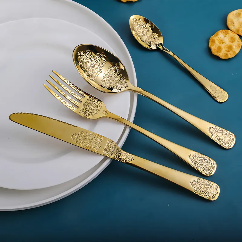 

Best Selling Unique Pattern Design Knife Spoon Fork Cutlery Set Stainless Steel Retro Palace Style Gold Flatware Set