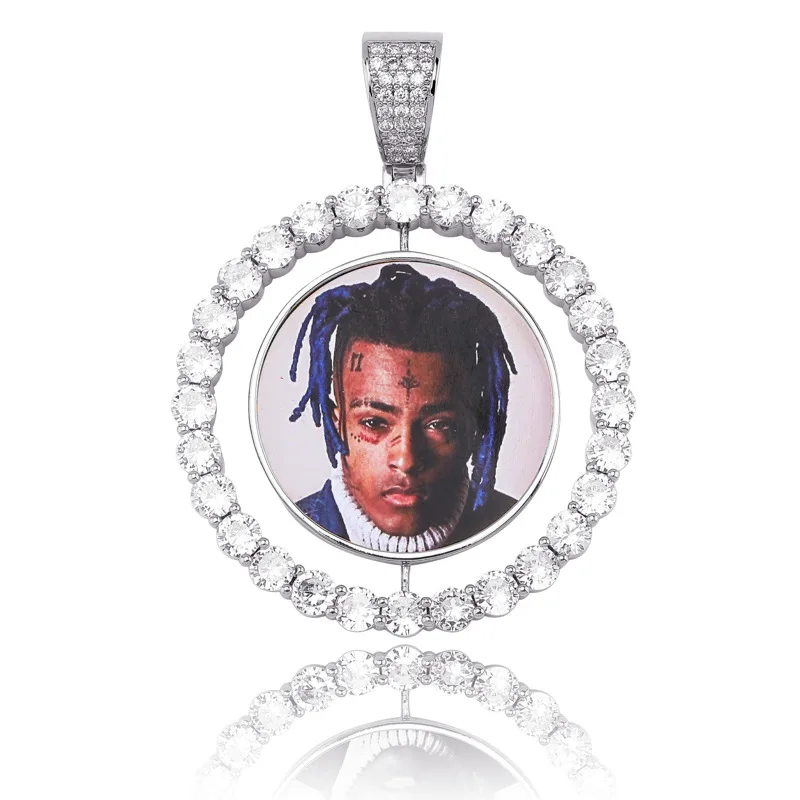 

Custom Bling Hip Hop Picture Necklace Iced Out AAA CZ Spin Double Sided Photo Pendant Necklace
