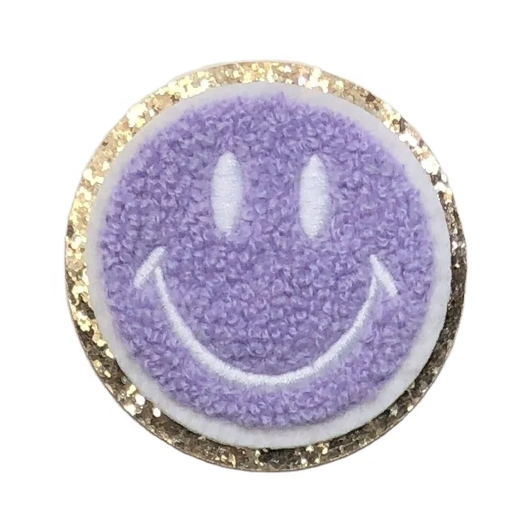 

Hot Wholesale Custom glitter smiley face iron on patch chenille embroidery patches Embroidered Chenille for jackets