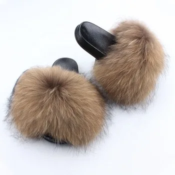 
Fluffy Sandals Wholesale Fur Slippers Hot Selling Women Racoon Fur slides 