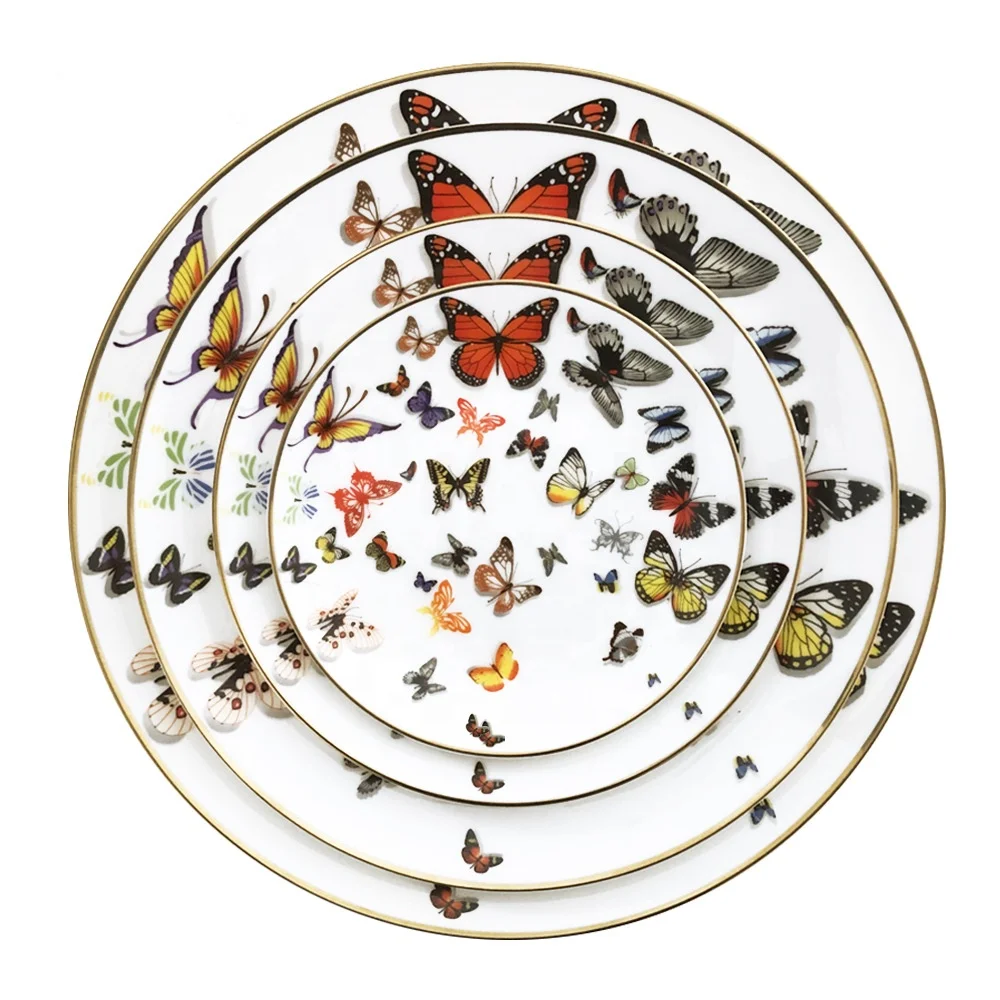 

Fashion European Luxury Garden Butterfly Pattern Ceramic Dishes & Plates With Gold Edge