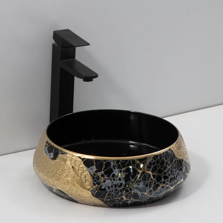 black-and-gold-bathroom-sink-9755A-E-398-side-elevation-tapered-drum-silhouette-compact-proportions