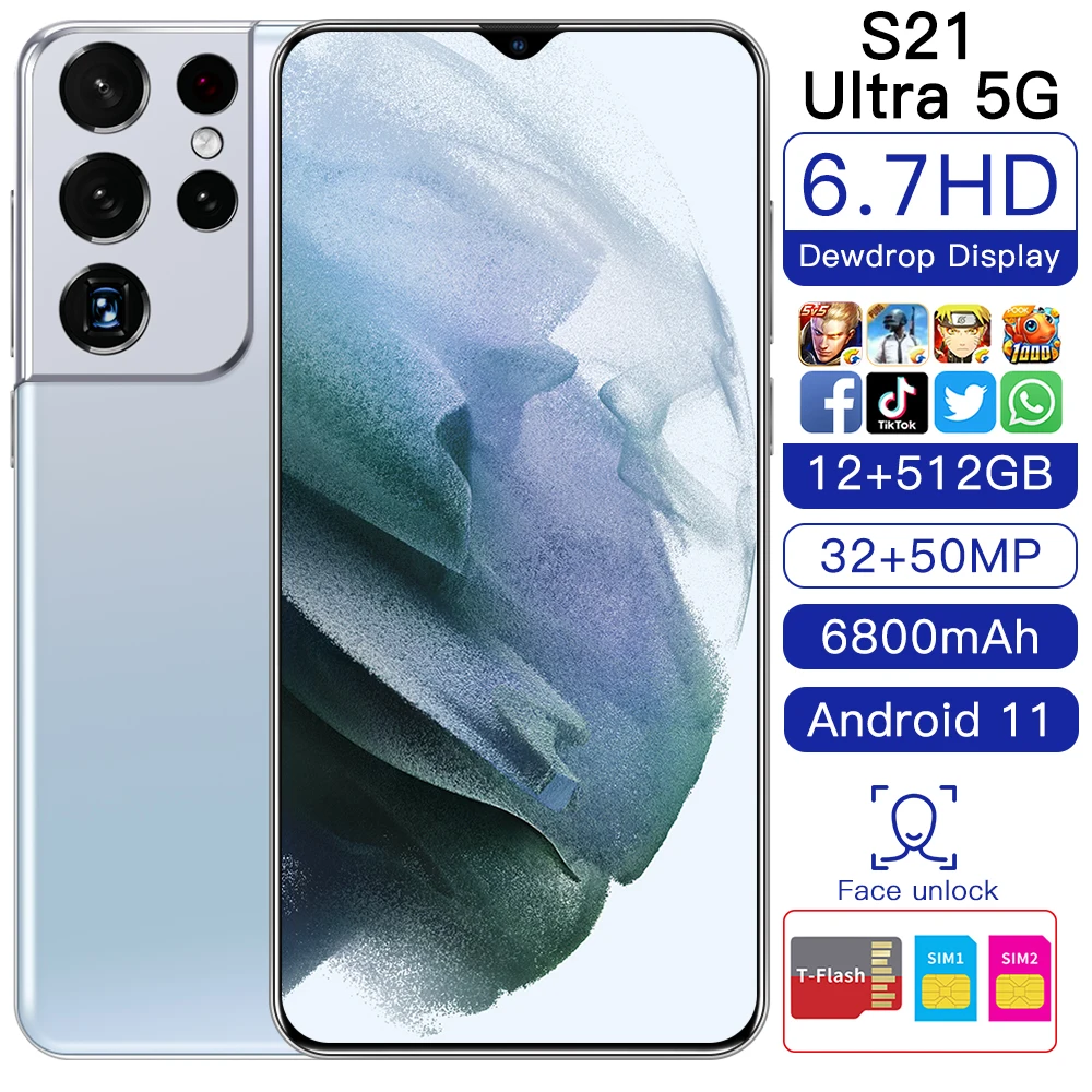 

5G Global S21 Ultra Smartphones Android Dual SIM 12GB 512GB 32+50MP Long Standby Mobile Phones Beauty Camera Cell Phones