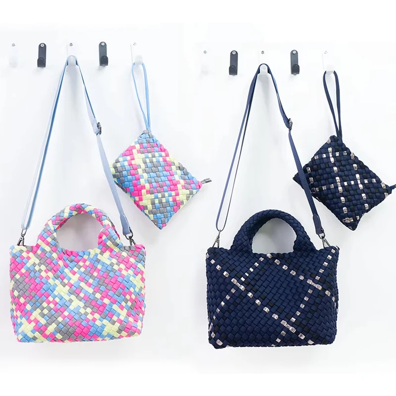 Wholesale Custom Make Hand Neoprene Woven Knitted Handbag Luxury Soft Beach CrossBody Bag Weave Mini Tote Bags with Print Logo