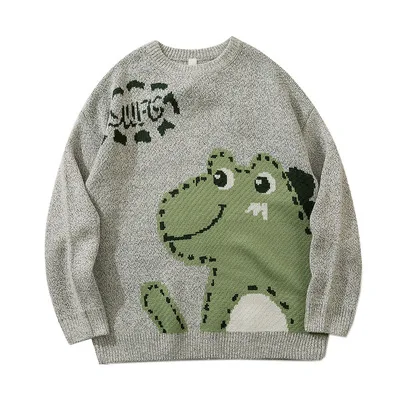 

Juvenile cartoon dinosaur jacquard retro loose round neck sweater for men and women sweater for men custom