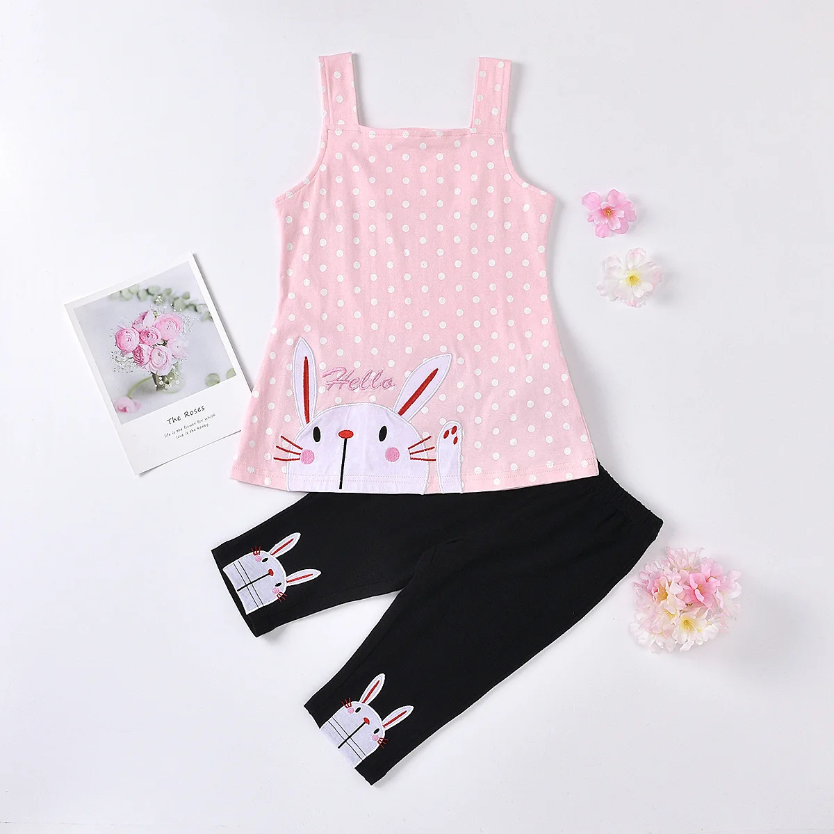 

Cute Kids Cartoon Rabbit Dot Pink Tops + Rabbit Print Pants 2 Pcs Set