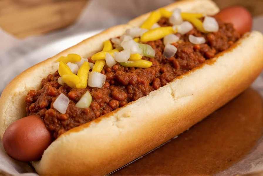 Close-up of a traditional Detroit-style chili coney with natural casing hot dog, meat chili sauce, diced onions, and yellow mustard on a steamed bun