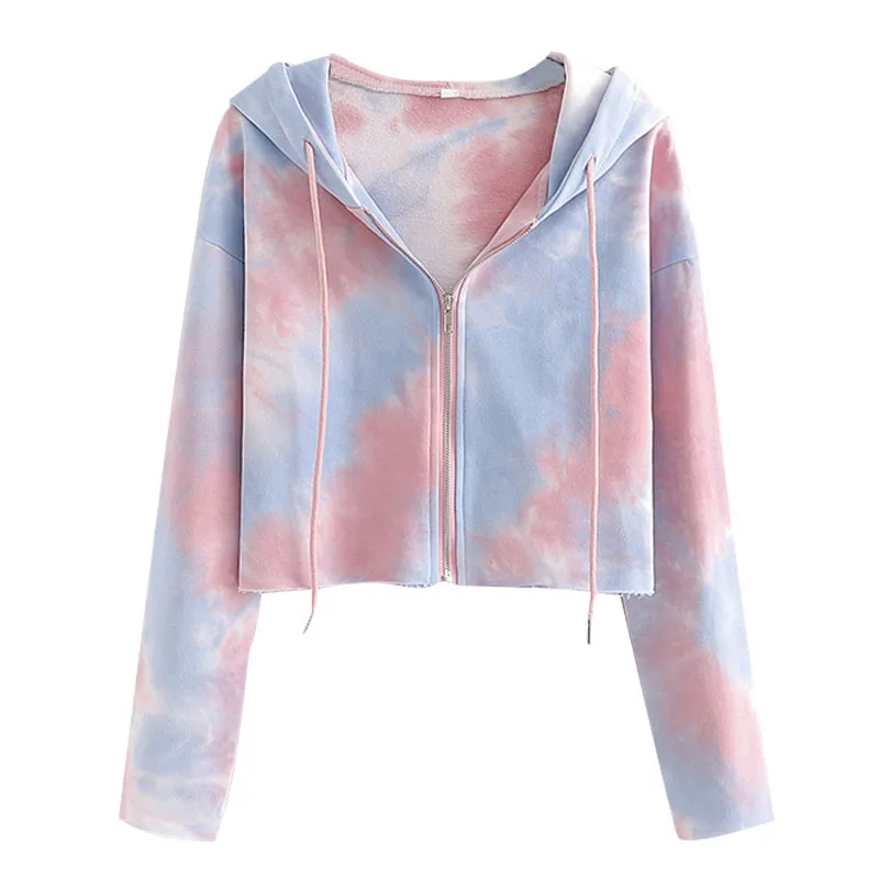 

Fashion Full Zip-Up Cropped Women's Hoodies & Sweatshirts Vintage Female Outerwear Tie Dye Sweatshirts, Pink / light blue