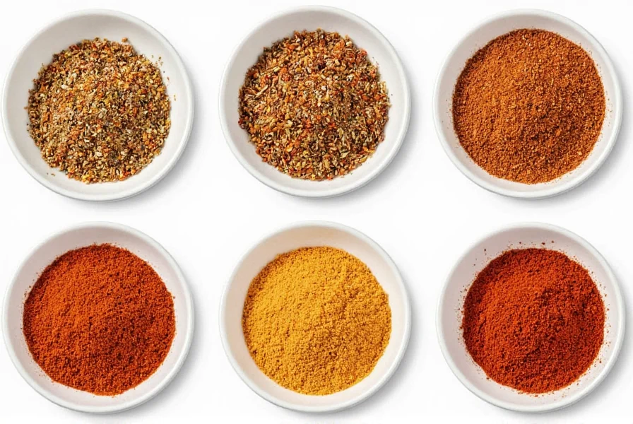 Various pork chop seasoning blends in small bowls showing different color and texture variations