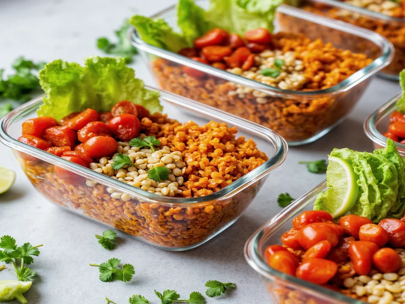 Meal prepped homemade chipotle bowls in glass containers