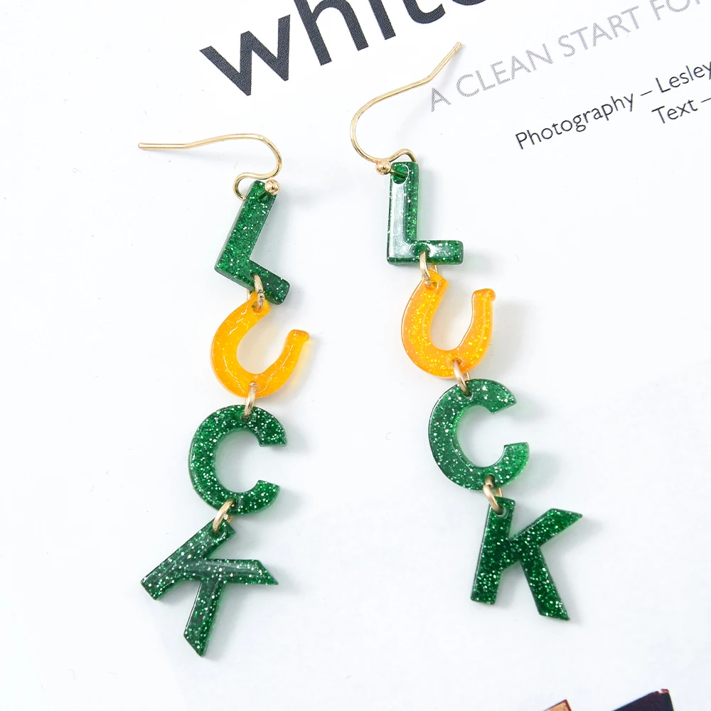 

Wholesale Trendy Green Four Leaf Clover Luck Gold Hook Acrylic Letter Dangle Earrings For Women