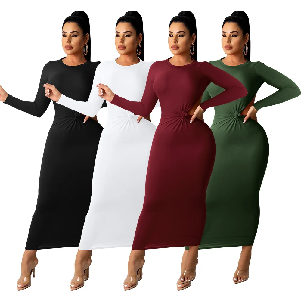 

W8674 - fit sexy elegant hollow out long sleeve backless solid women dress