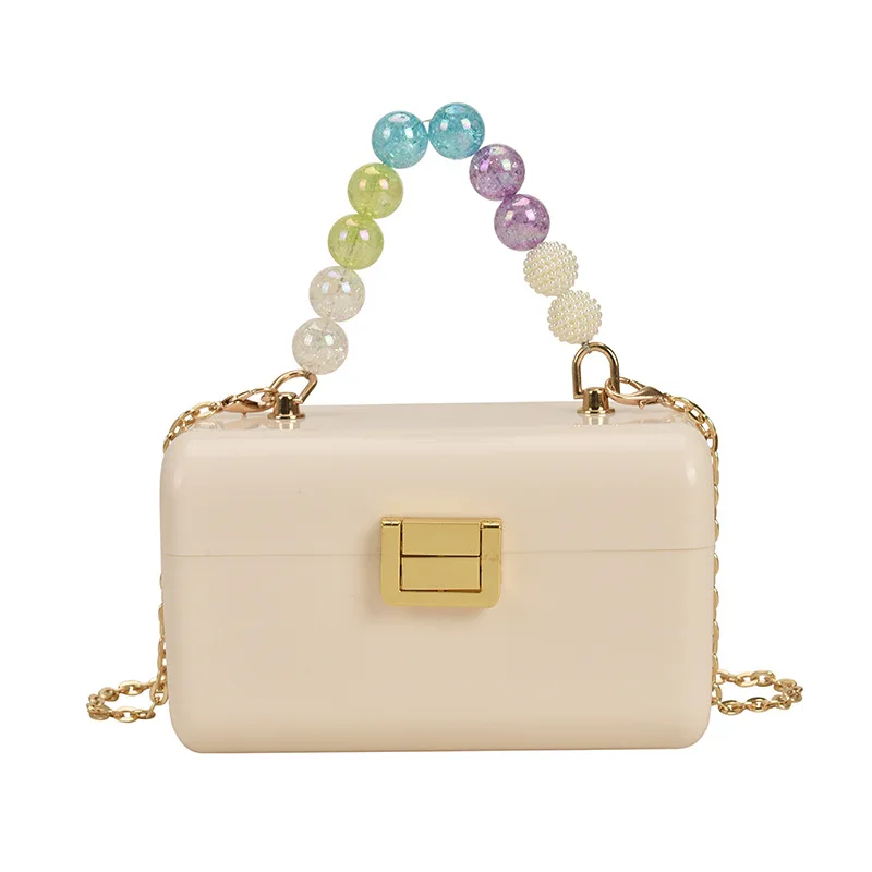 

Aacrylic transparent box bag summer 2021 INS beaded handle chain cross-body bag, Pink