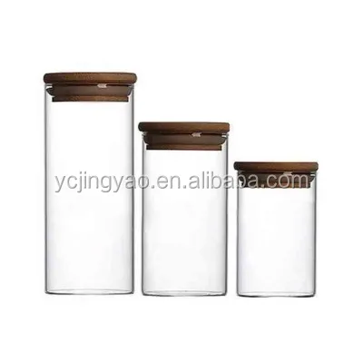 

Transparent Glass Flower Tea Food Storage Jar Wood Cover Sealed Canister With Wooden Lid for Gift Set, Clear