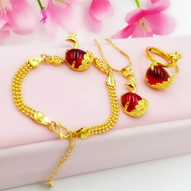 

Gold Plated Gemstone Peacock Bracelet Gold Wedding Necklace Set Jewelry