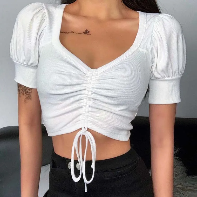

FS1017D summer women shirts white drawstring short sleeve crop top