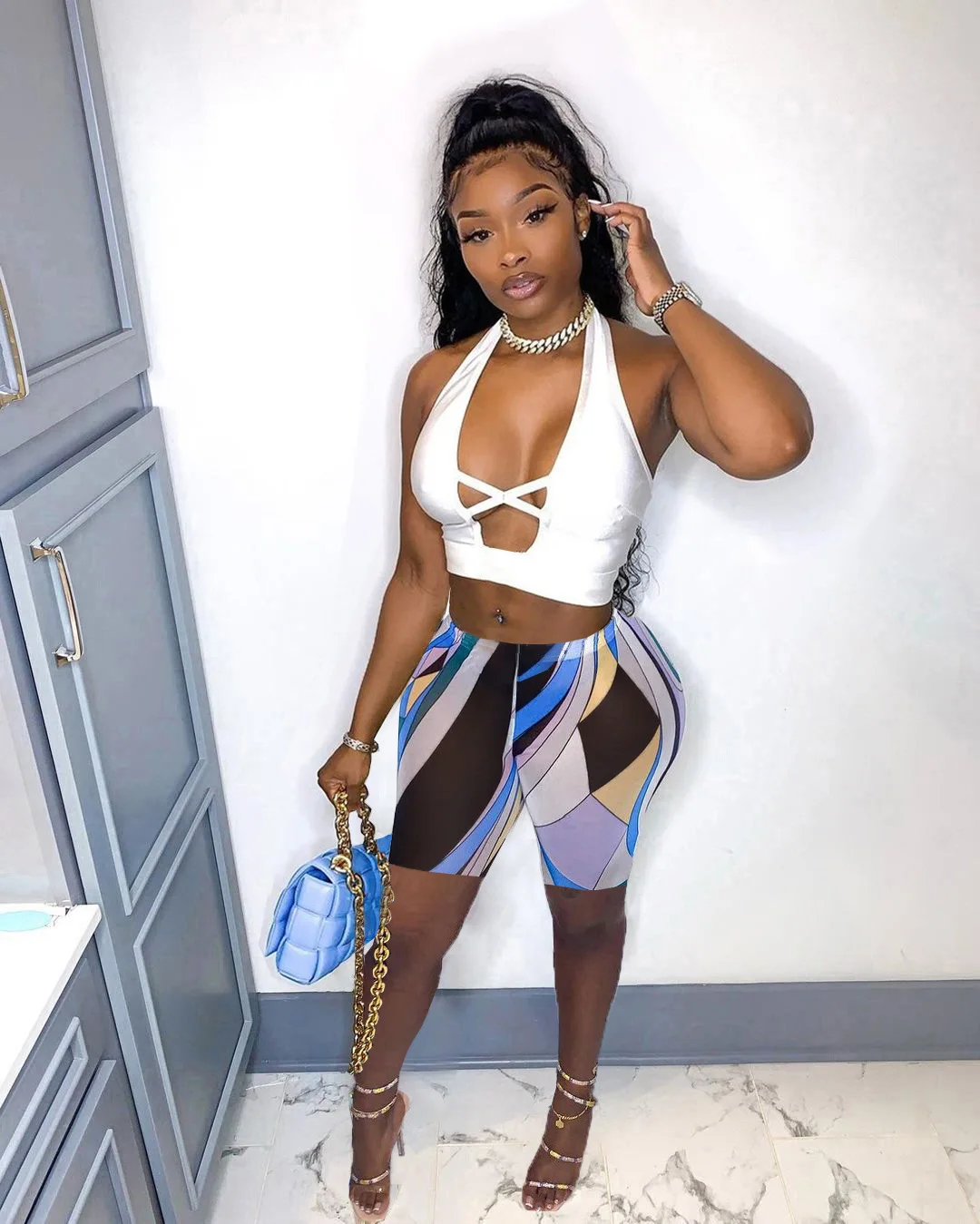

Halter Neck Cross Hollowed Open Back Printed Clothing Two Piece Set Shorts For Women, Customized color