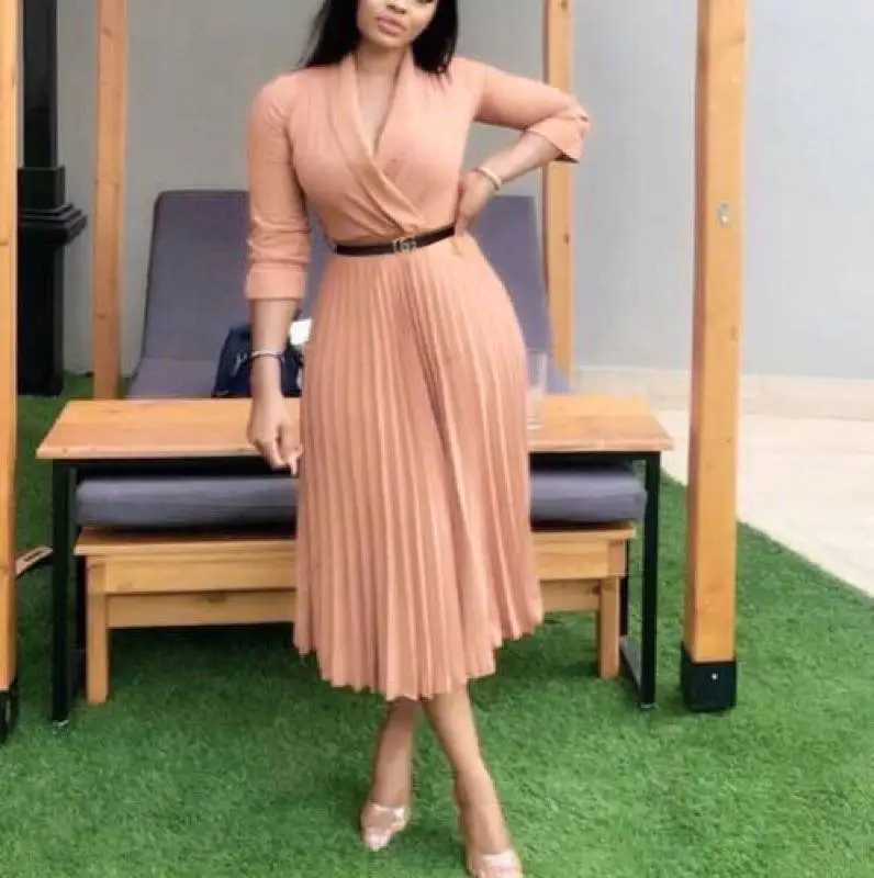 

2021 new arrival high quality American&Africa women pleated midi dress casual career dresses office wear plus size, As picture