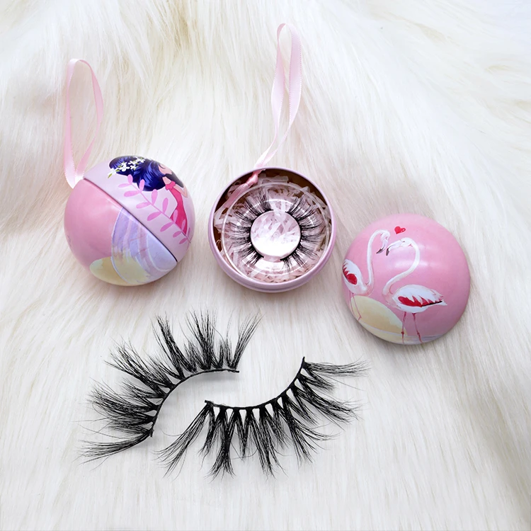

2020 wholesale vendor luxury strip lashes own brand round ball packaging box 25mm 30mm 3D fluffy real mink eyelashes, Natural black