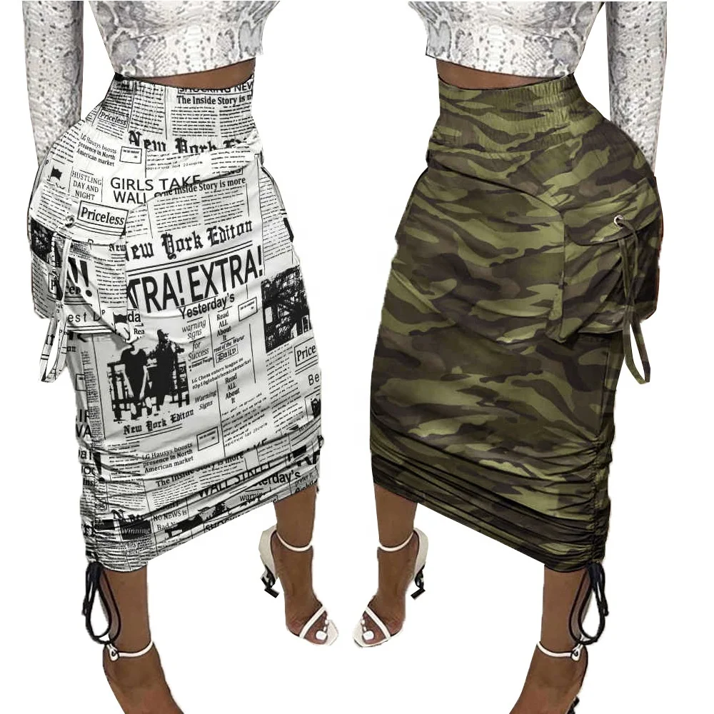 

Fashion Women High Waist Bandage Pocket Summer Bodysuit Wrap Skirt, Printed