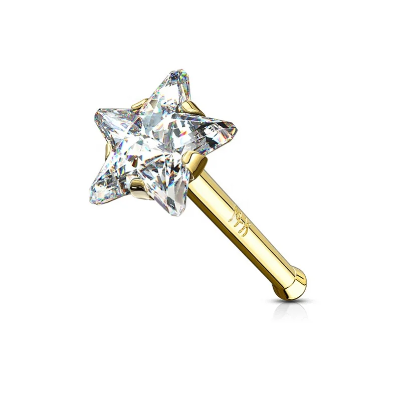 

2023 Star Prong CZ Nose Stud Ring 14K Solid Gold Nose Rings Piercings