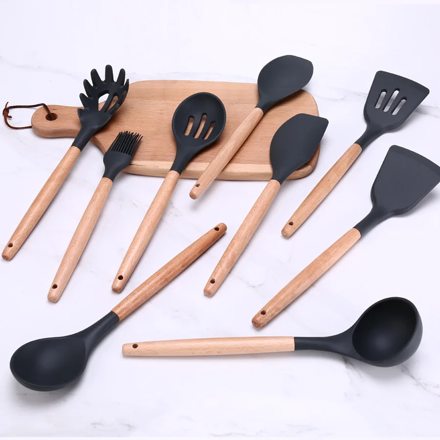 

Customized Logo 9 Pcs ustensiles de cuisine Silicone Espatula Set With Whisk Silicone Brush Kitchen Sets