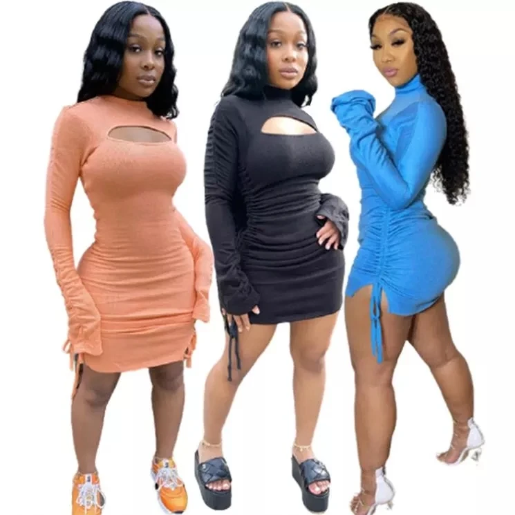 

2021 wholesale new clothes sexy black blue pink brown slim fit women drawstring bodycon dress