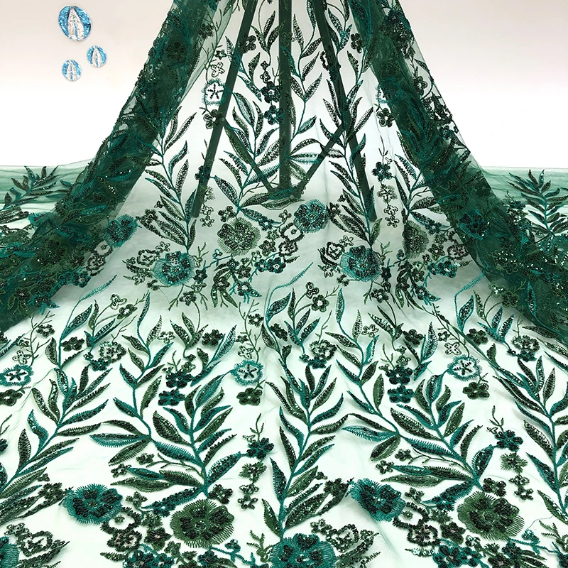 

2021 Latest High Quality Teal Green Beaded And Sequins African Embroidery lace fabric, 6 colors or customized