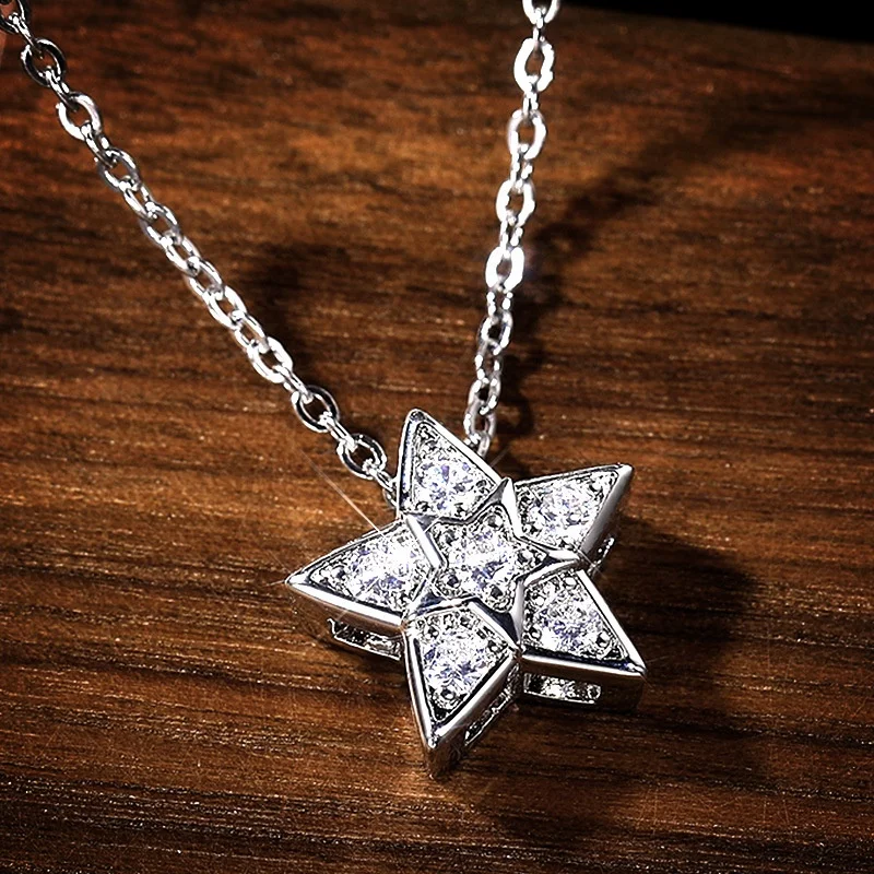

New Trendy Silver Plated Pentagram Pendant Necklaces For Women Shine White CZ Stone Full Paved Fashion Jewelry Party Gift, Customized color